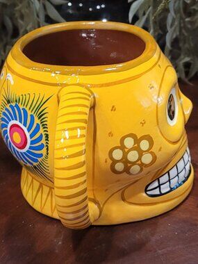 Yellow Mexican Talavera Sugar Skull Pottery Mug Day of the Dead Bird & Flowers
